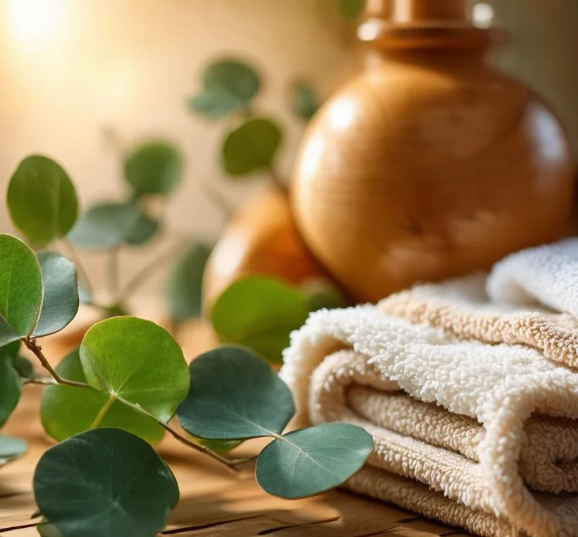 Calm spa details — folded towels and fresh eucalyptus on warm stone