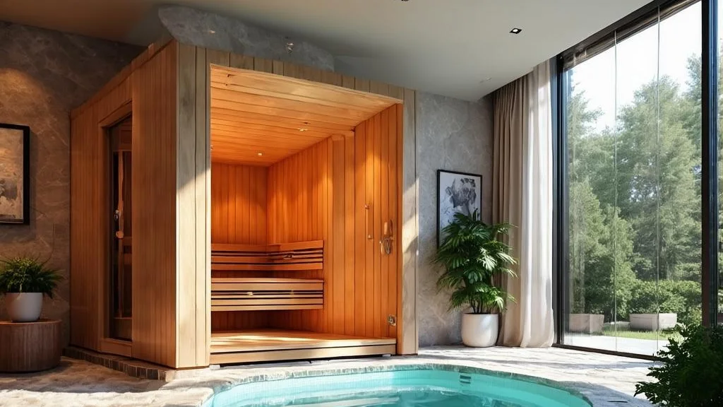 Luxury wellness and recovery spa with a wooden sauna and a still plunge pool