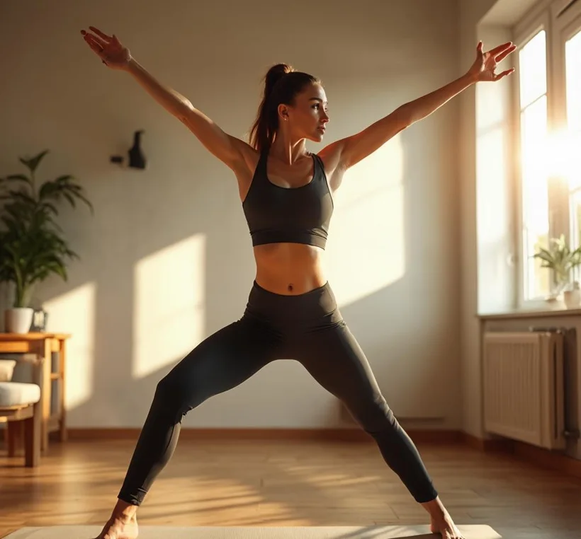 A woman stretching in a sunlit studio
