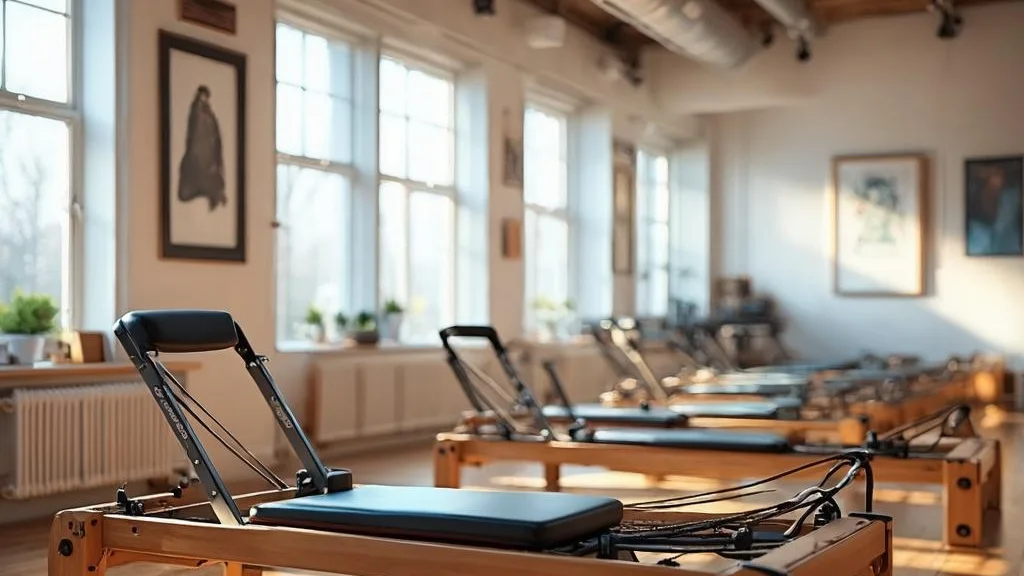 Bright pilates studio with reformer beds