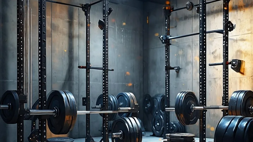Industrial functional fitness box with a pull-up rig and racked barbells
