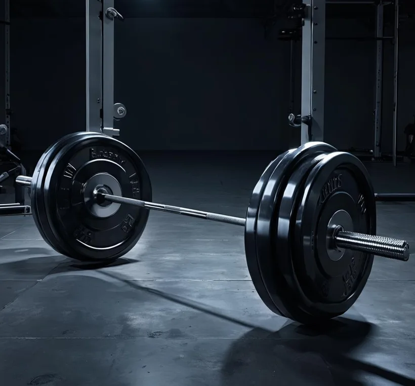 Loaded barbell resting on a concrete gym floor