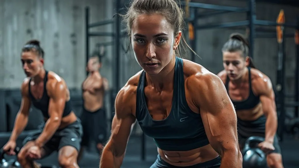 Athletes performing an intense functional workout inside an industrial training box