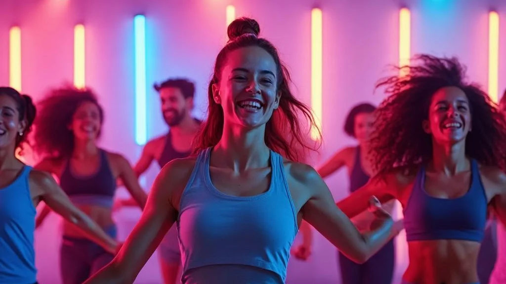 A packed neon dance fitness class in full flow