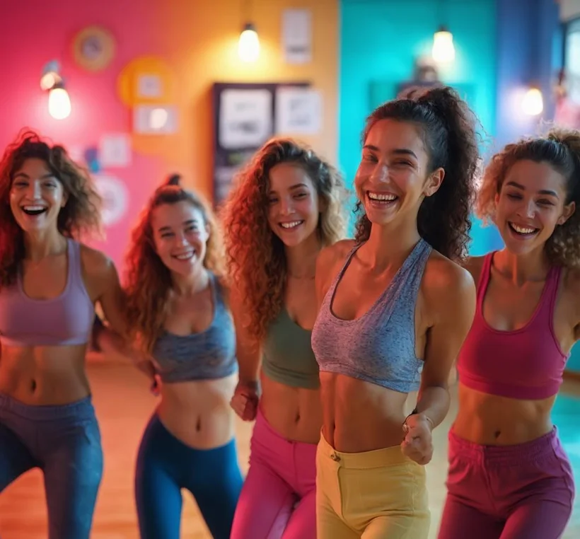 Happy young friends laughing together after a dance workout
