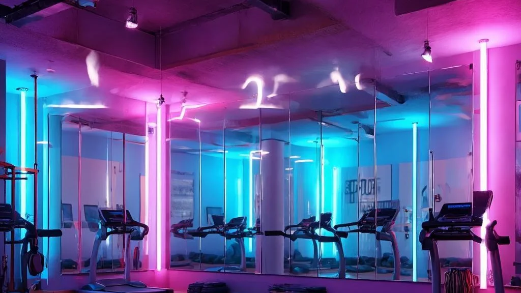 Neon-lit studio mirrors reflecting coloured lights