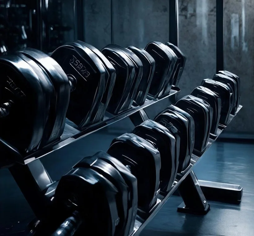 Premium dumbbells on a rack in a dark gym