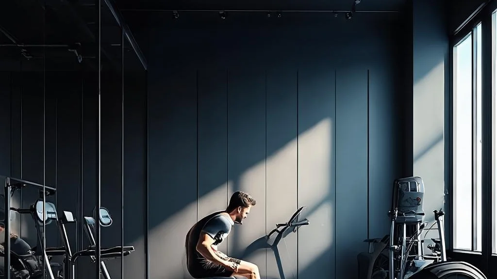 Sleek modern private personal-training studio lit with dramatic light