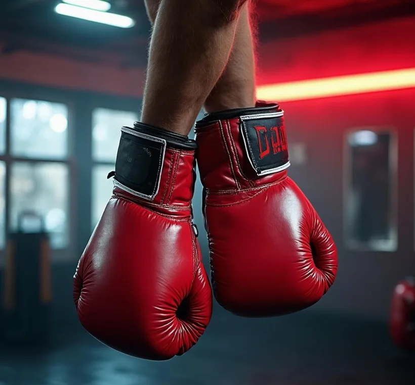 Worn red leather boxing gloves resting on the ring apron
