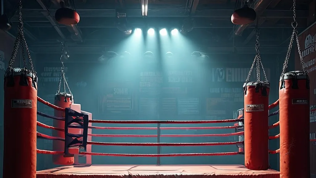 Atmospheric boxing gym with a full-size ring under low light