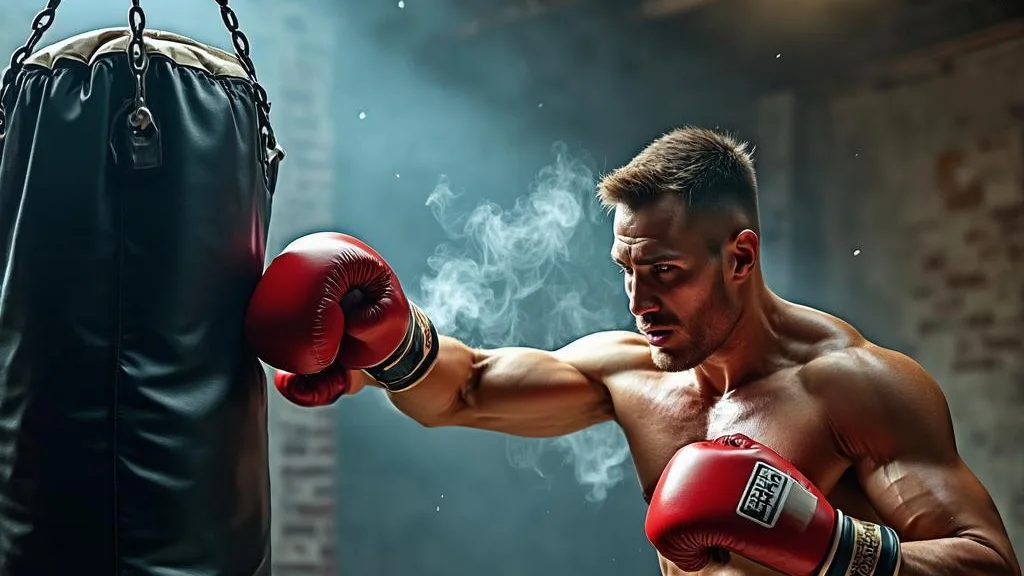Boxer hammering a heavy bag inside a gritty training gym