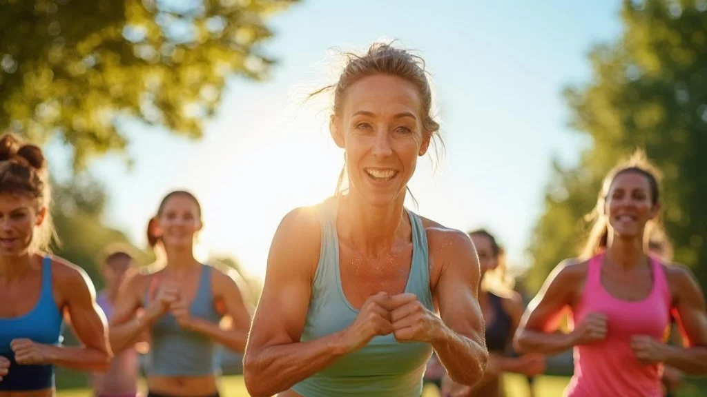 Energetic outdoor bootcamp group training together in a sunny park