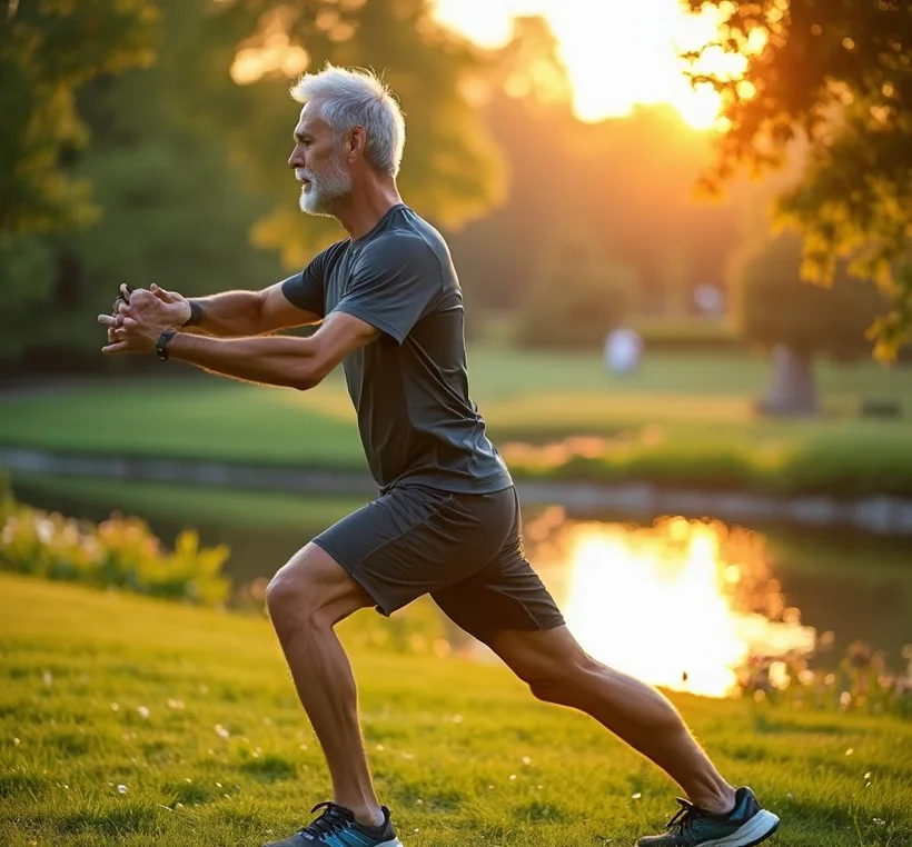 Runner stretching outdoors at sunrise