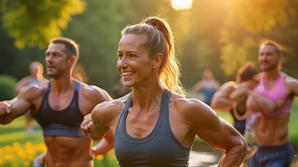 Group performing a functional outdoor workout at golden hour